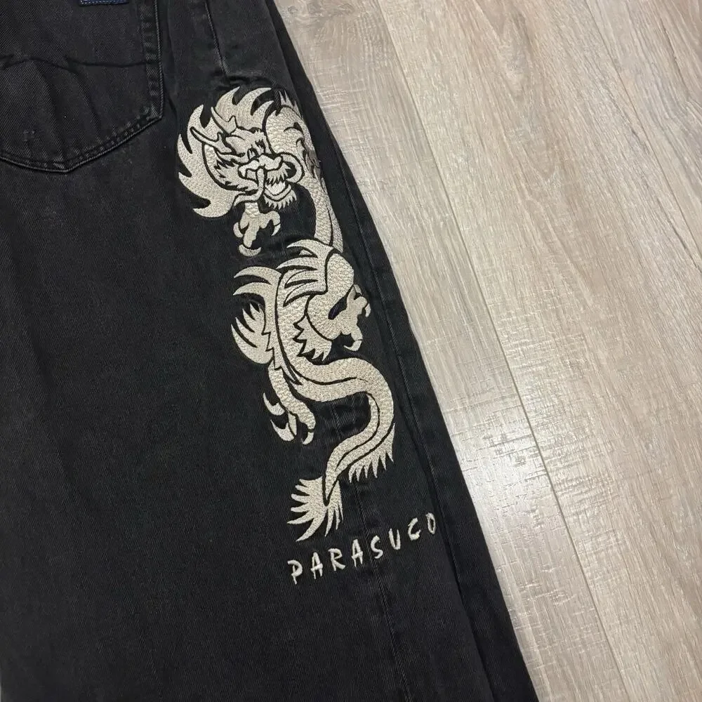 Vintage Parasuco Jeans Mens 34x30 Black Denim Baggy Dragon Embroidered Y2K JNCO
